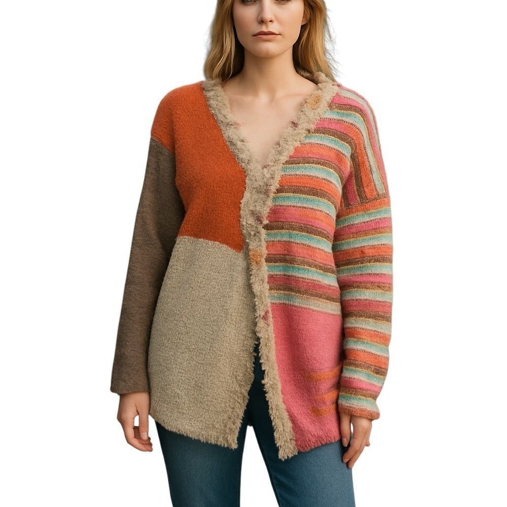 POL Open Front Color Block Cardigan With Fringe M